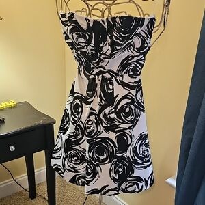 Elegant Satin Black and White Floral Dress
